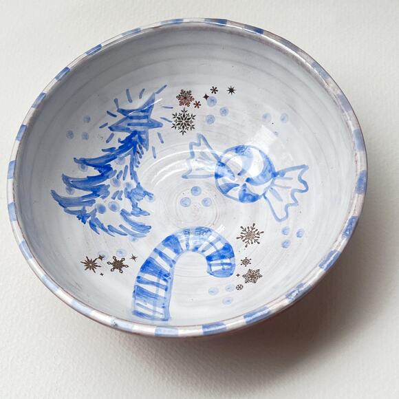 Blue & White Christmas Pottery Bowl with a Candy Cane, Peppermint, and Tree - Picture 7 of 10